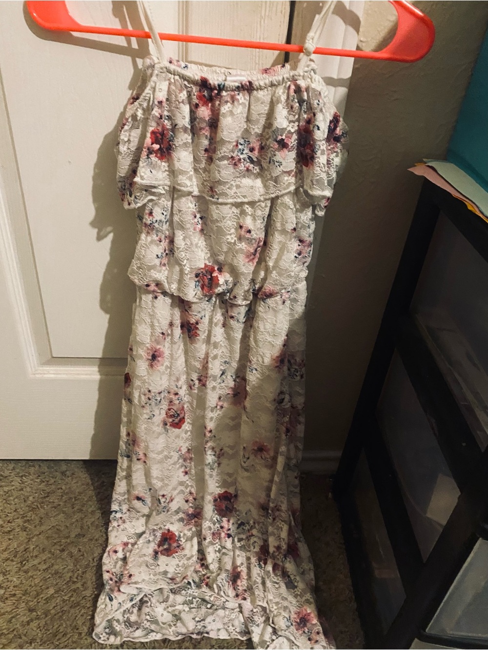 Floral Lace Tiered Maxi Skirt in Ivory with Pink and Green Accents